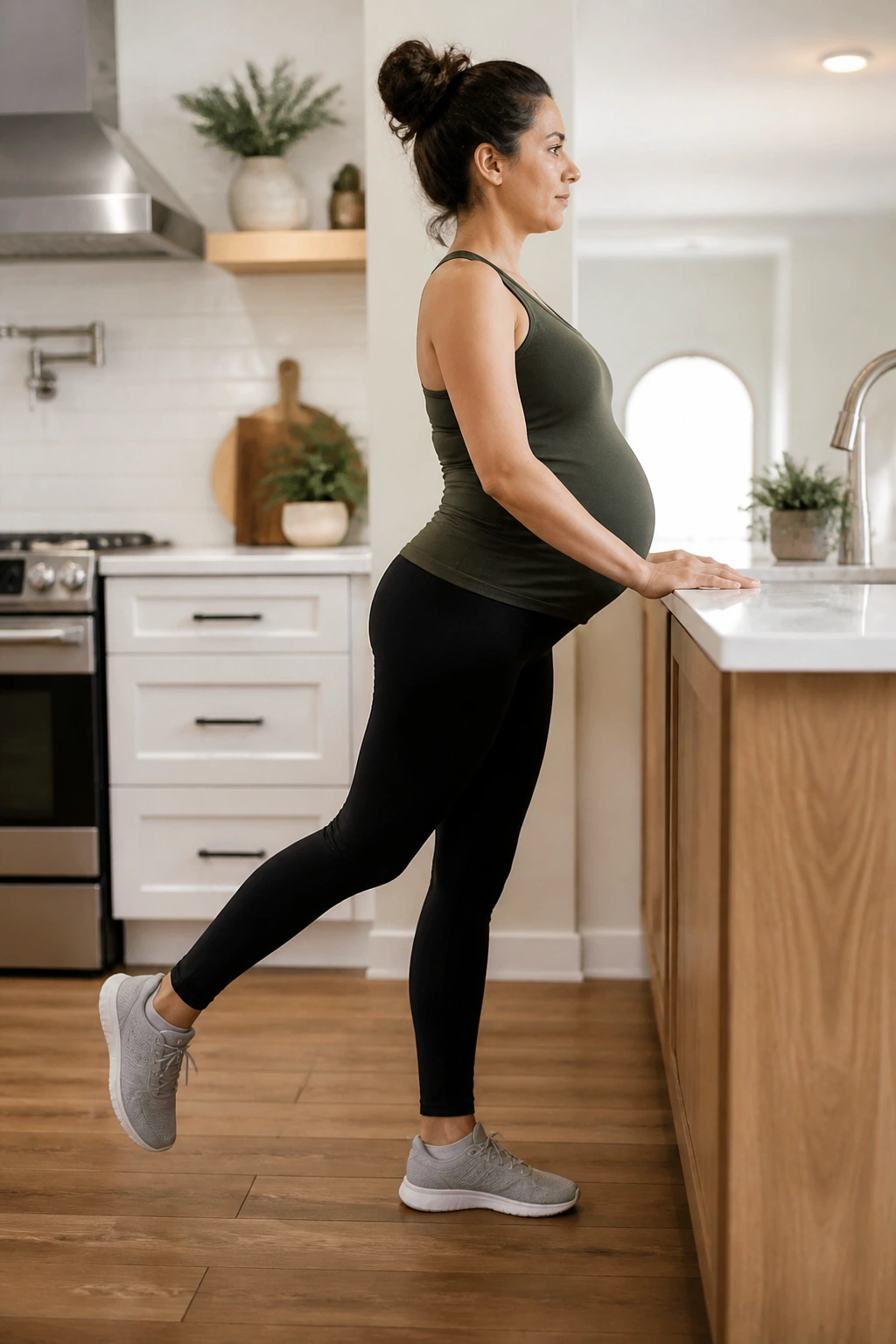 Pregnant woman doing standing glute kickbacks at a kitchen counter.