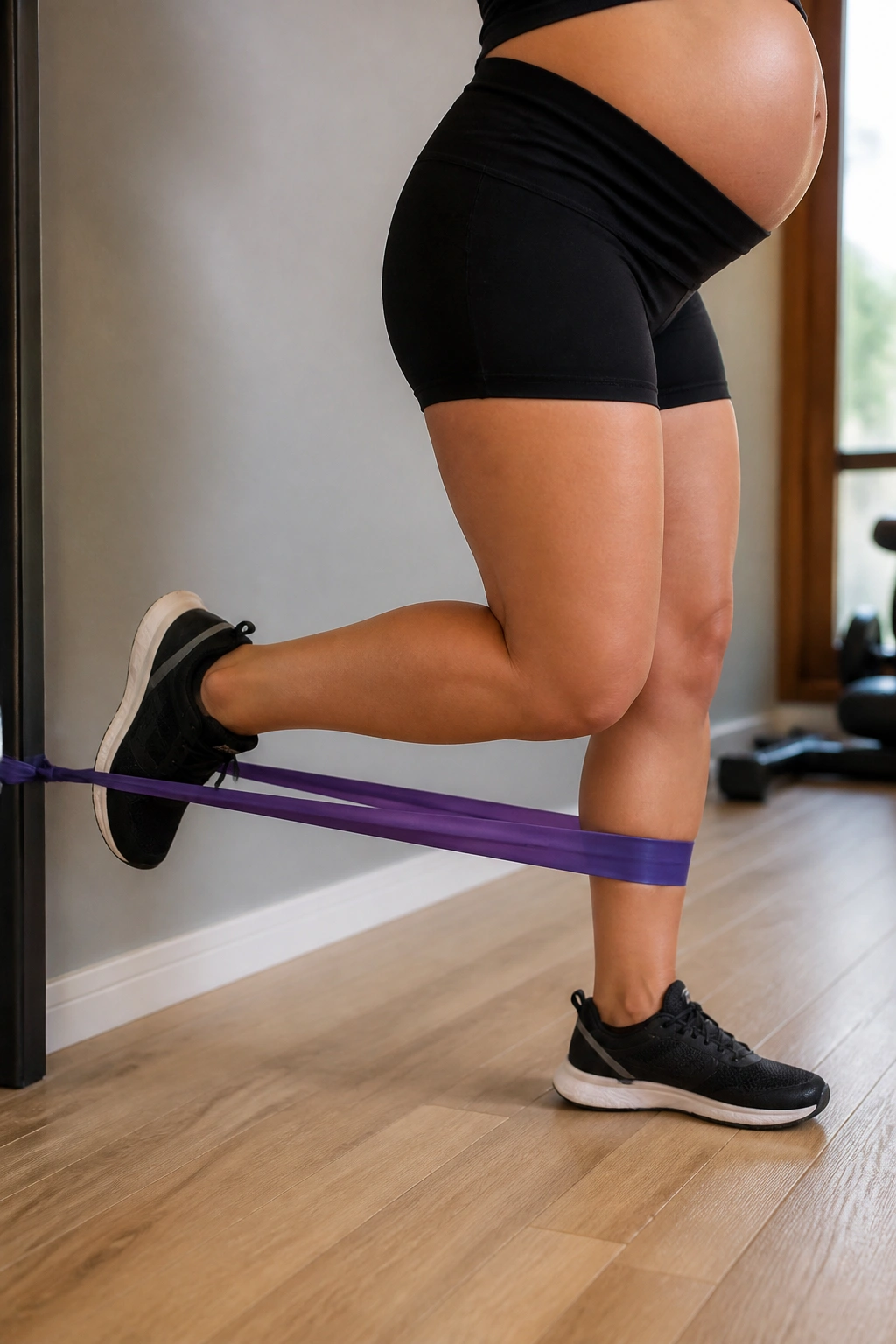 Close-up of a pregnant woman's leg performing standing hamstring curl with a resistance band in a warm home gym