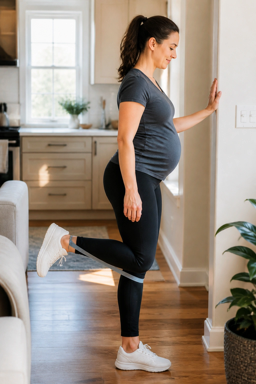 Person performing standing hamstring curls with a band
