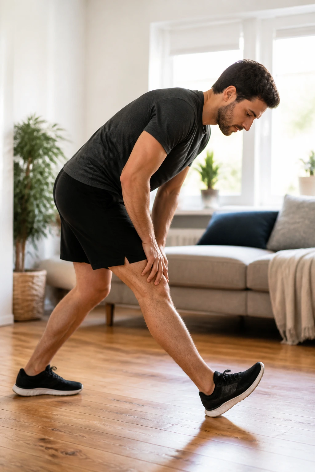 Real person performing Standing Hamstring Stretch (Heel Plant) in a cozy living room