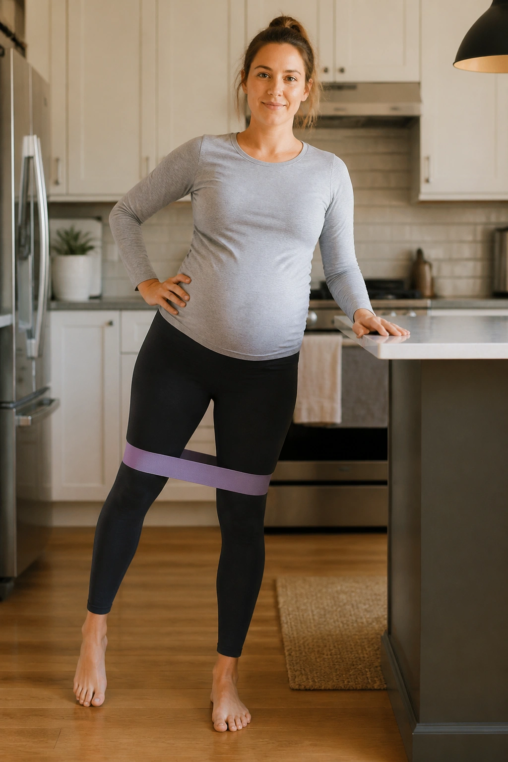 Standing hip abduction pulses by the counter for outer hip strength