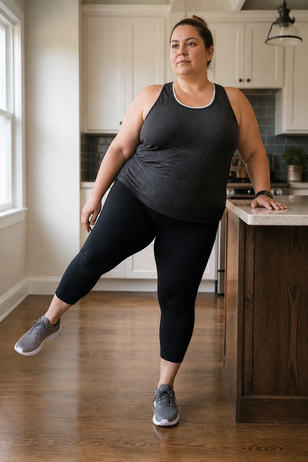 Real person performing standing hip abduction with counter support in a home kitchen