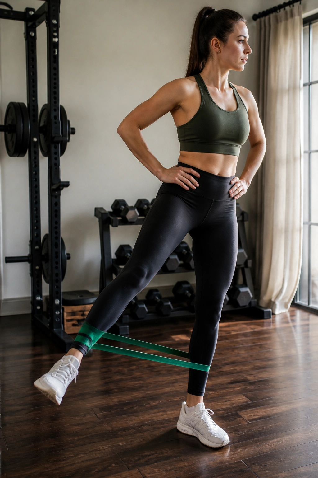 Side view of a person performing standing hip abduction with resistance band