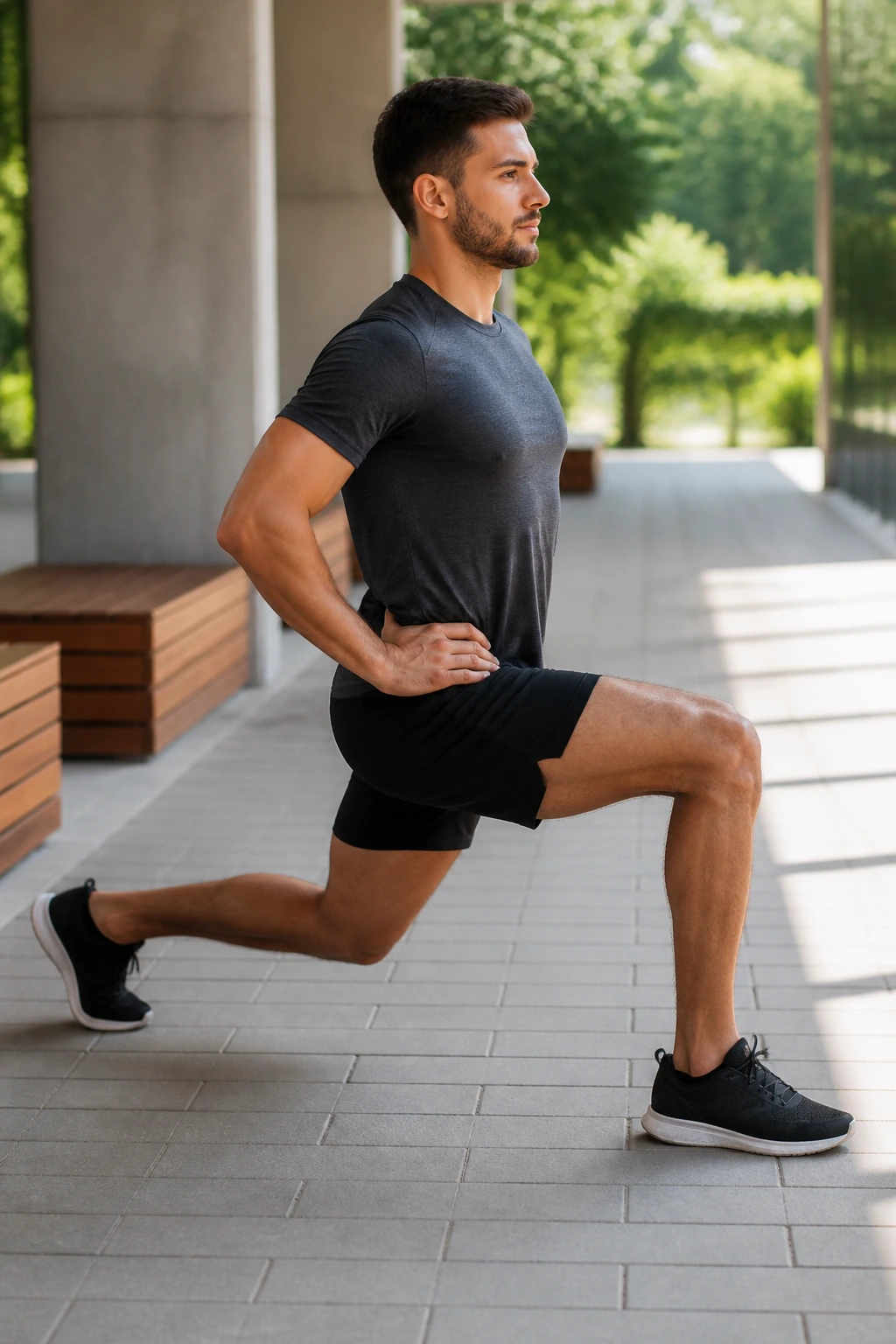 Real person performing Standing Hip Flexor Lunge with upright torso