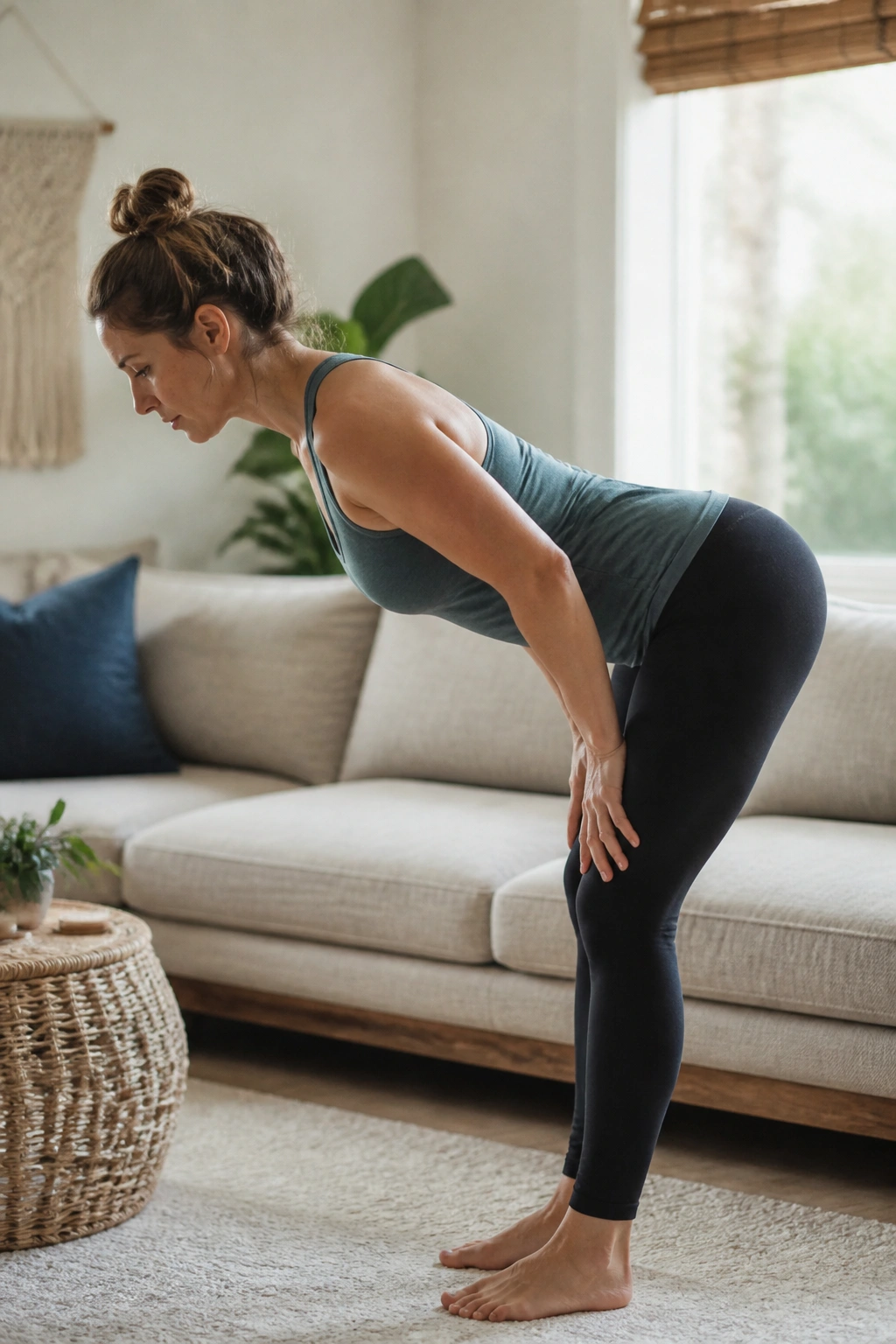 Medium close-up of a standing hip hinge with a long exhale in a home setting.