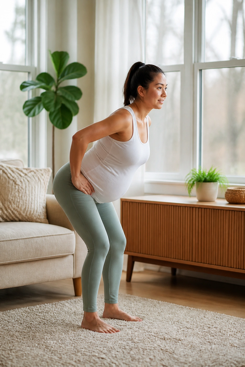 Mid-shot of a person performing standing hip hinge in a bright home setting