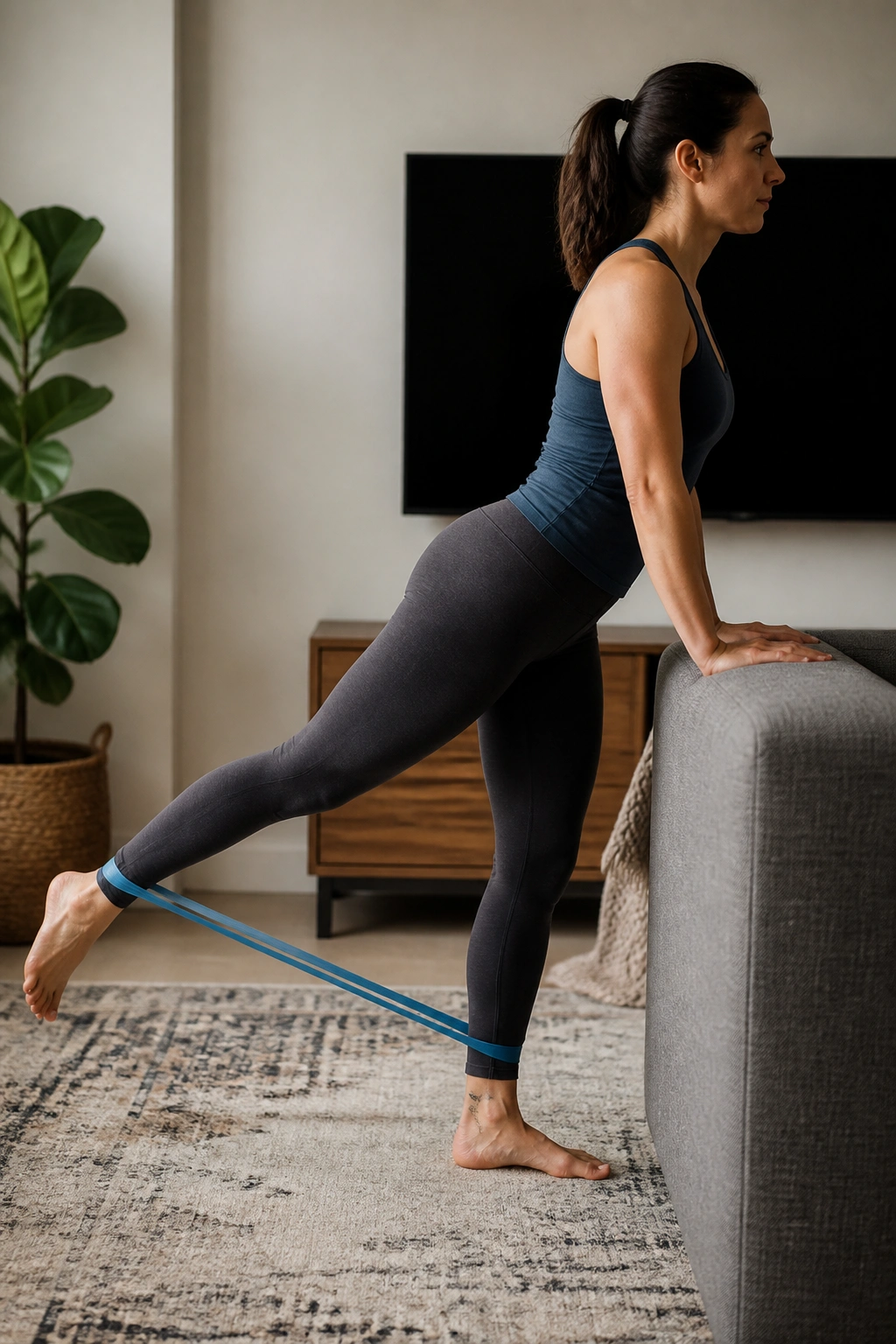 Standing glute kickback with resistance band, leg extended back and spine neutral.