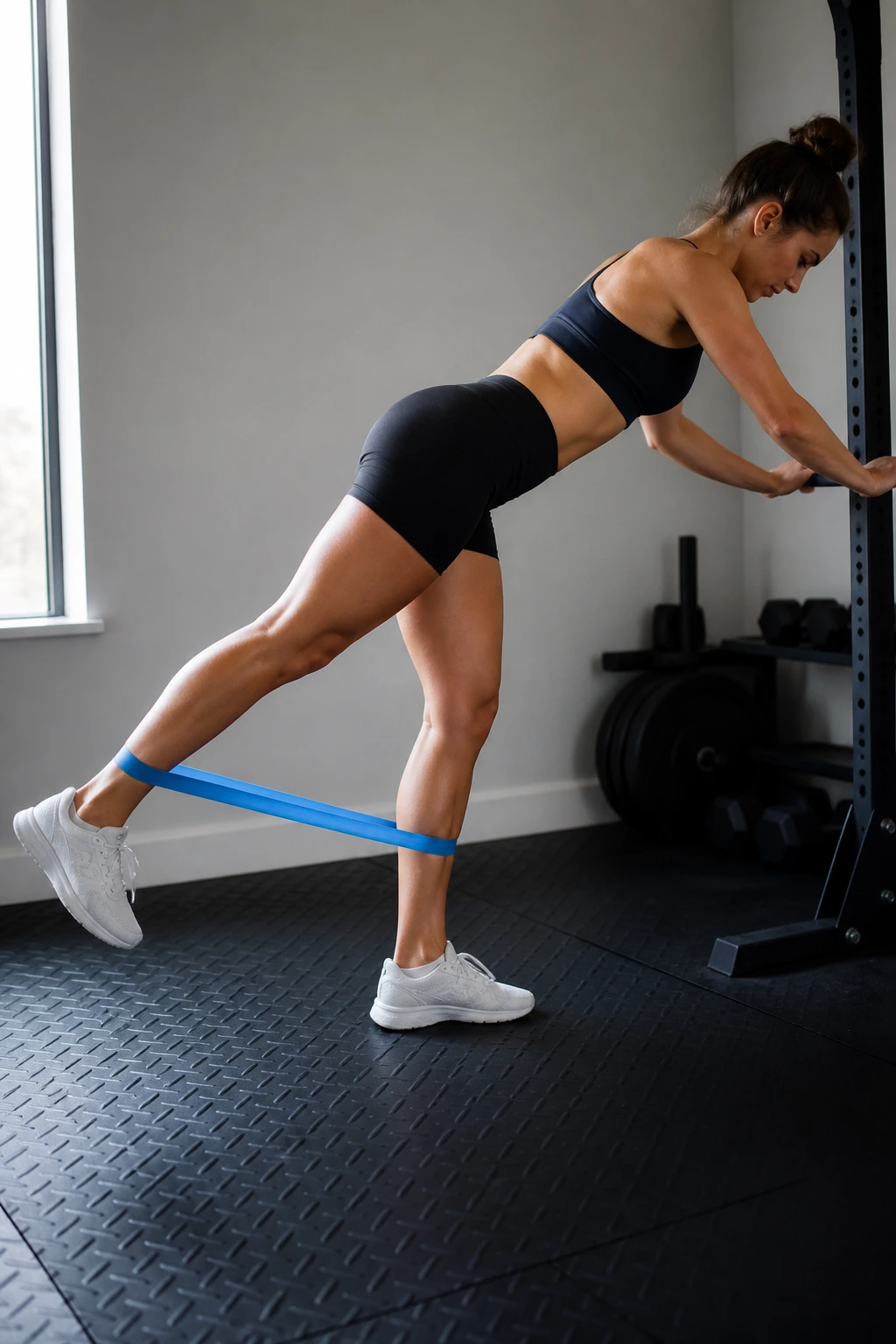 Profile view of standing glute kickbacks with ankle band