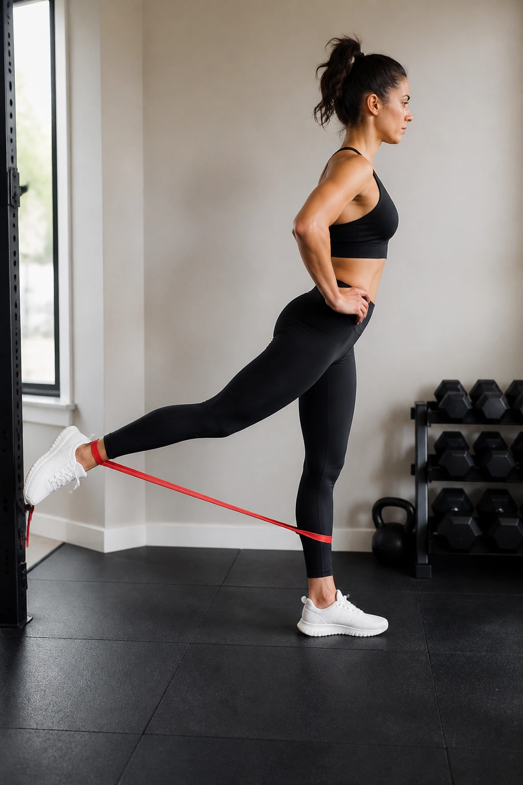 Profile view of a person performing standing straight leg kickbacks with a resistance band