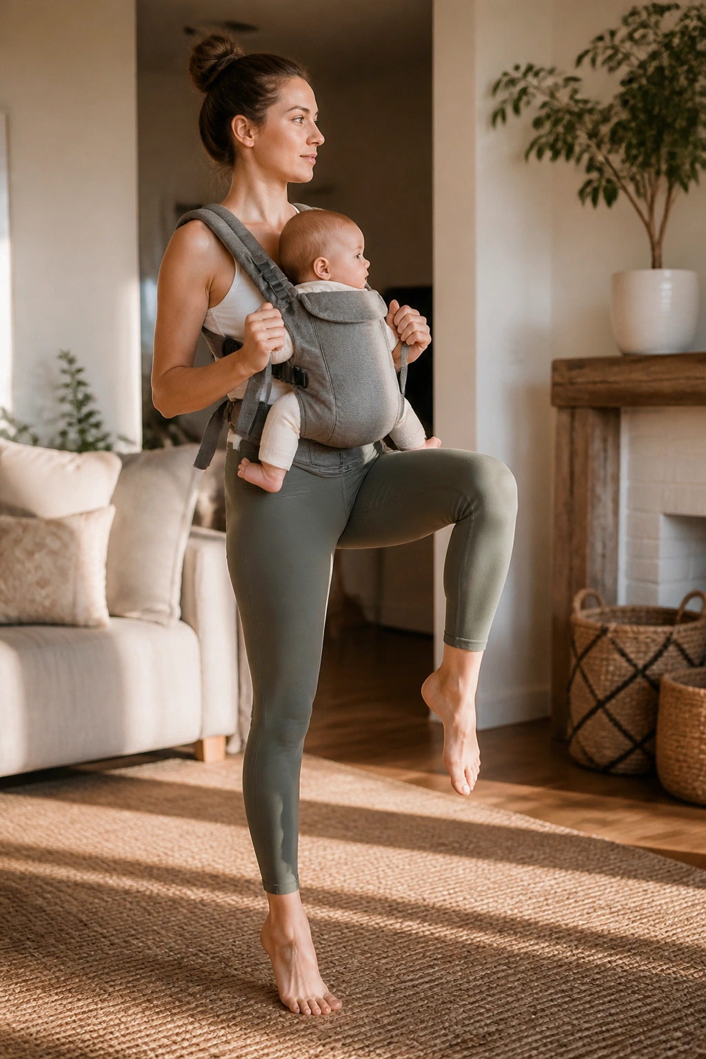 Person performing standing knee drives with baby in carrier