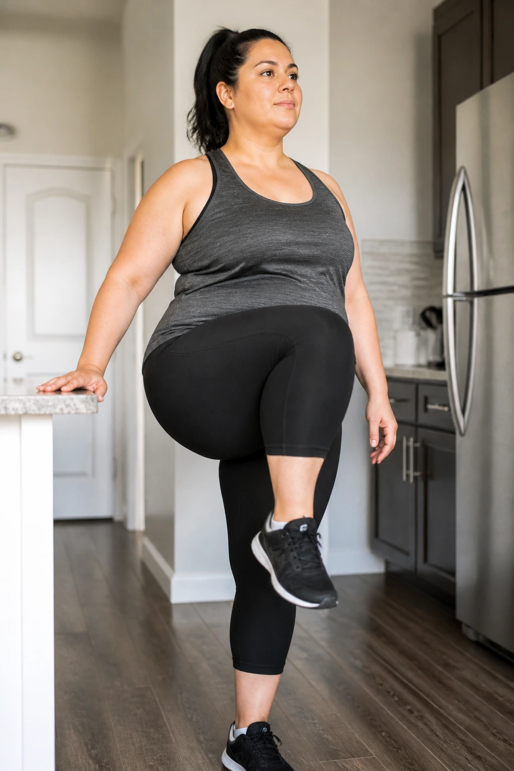 Portrait of a person doing standing knee lifts beside a counter in a home setting.