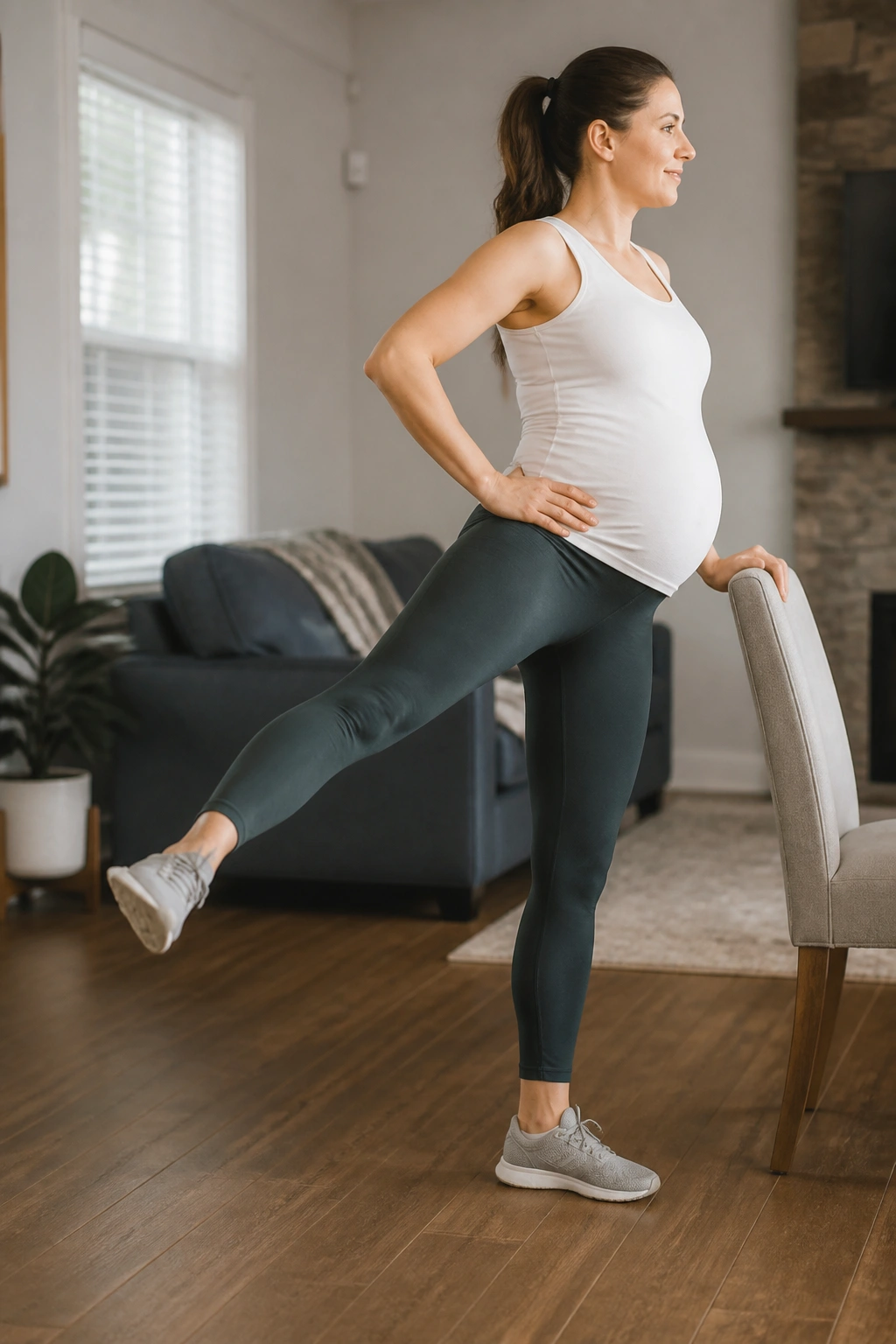 Pregnant woman performs standing leg abduction with chair for balance in a living room.