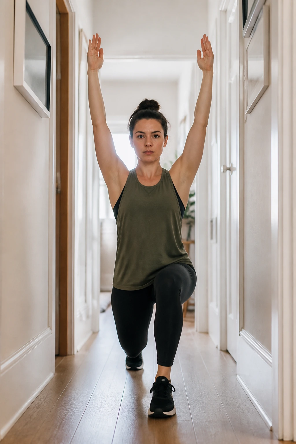 Person performing a step-back lunge in a narrow hallway