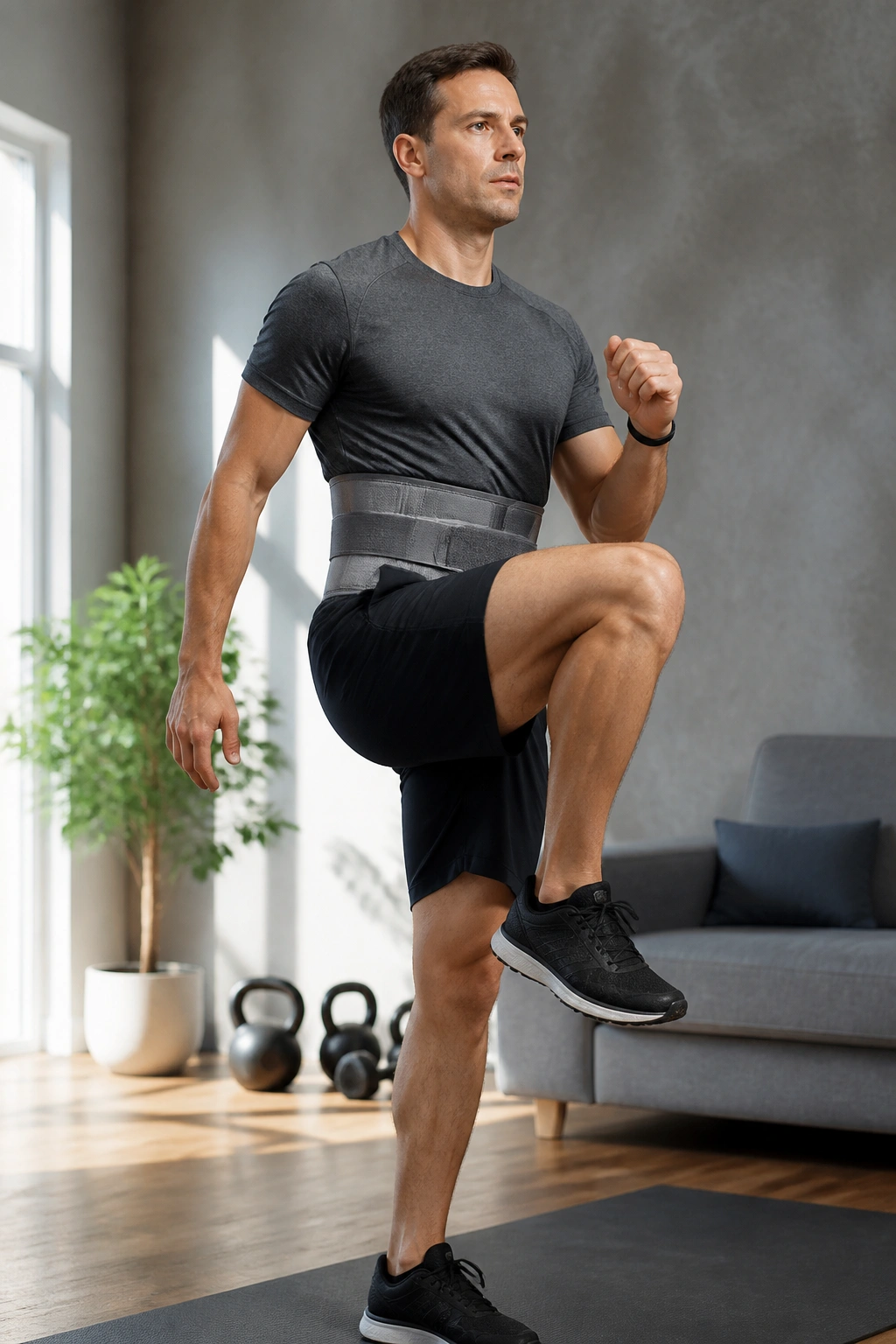 Person performing standing march with back brace in home gym