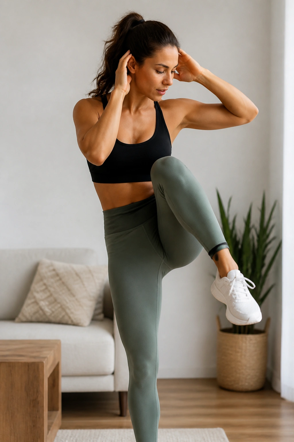 Standing oblique crunch close-up during a high-intensity workout in a bright room