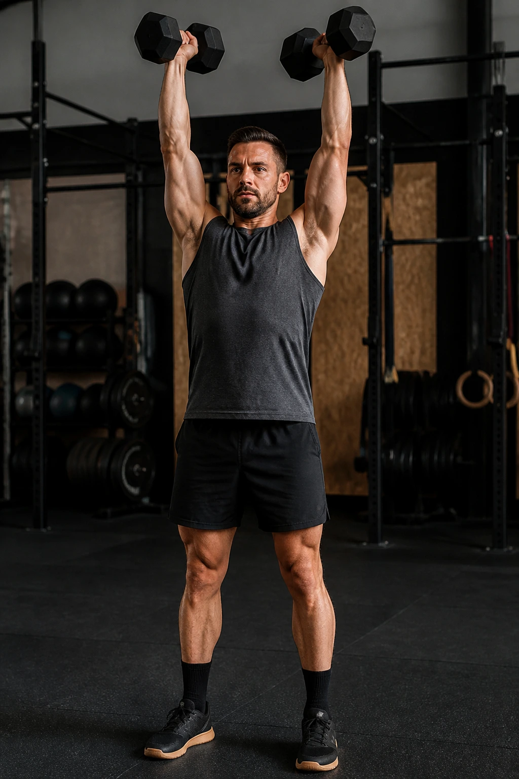 Person standing and pressing dumbbells overhead in gym setting