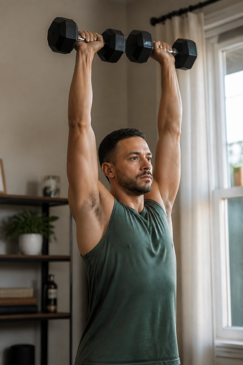 Real person performing standing overhead press with dumbbells in a home setting