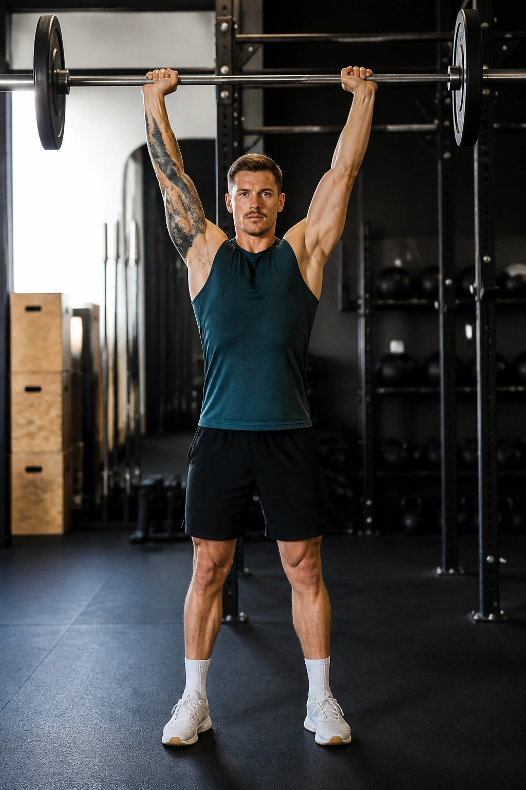 Person performing standing overhead press from front rack in gym