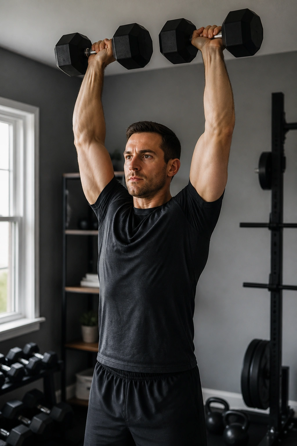 Medium-close shot of a person performing Standing Overhead Press at home.