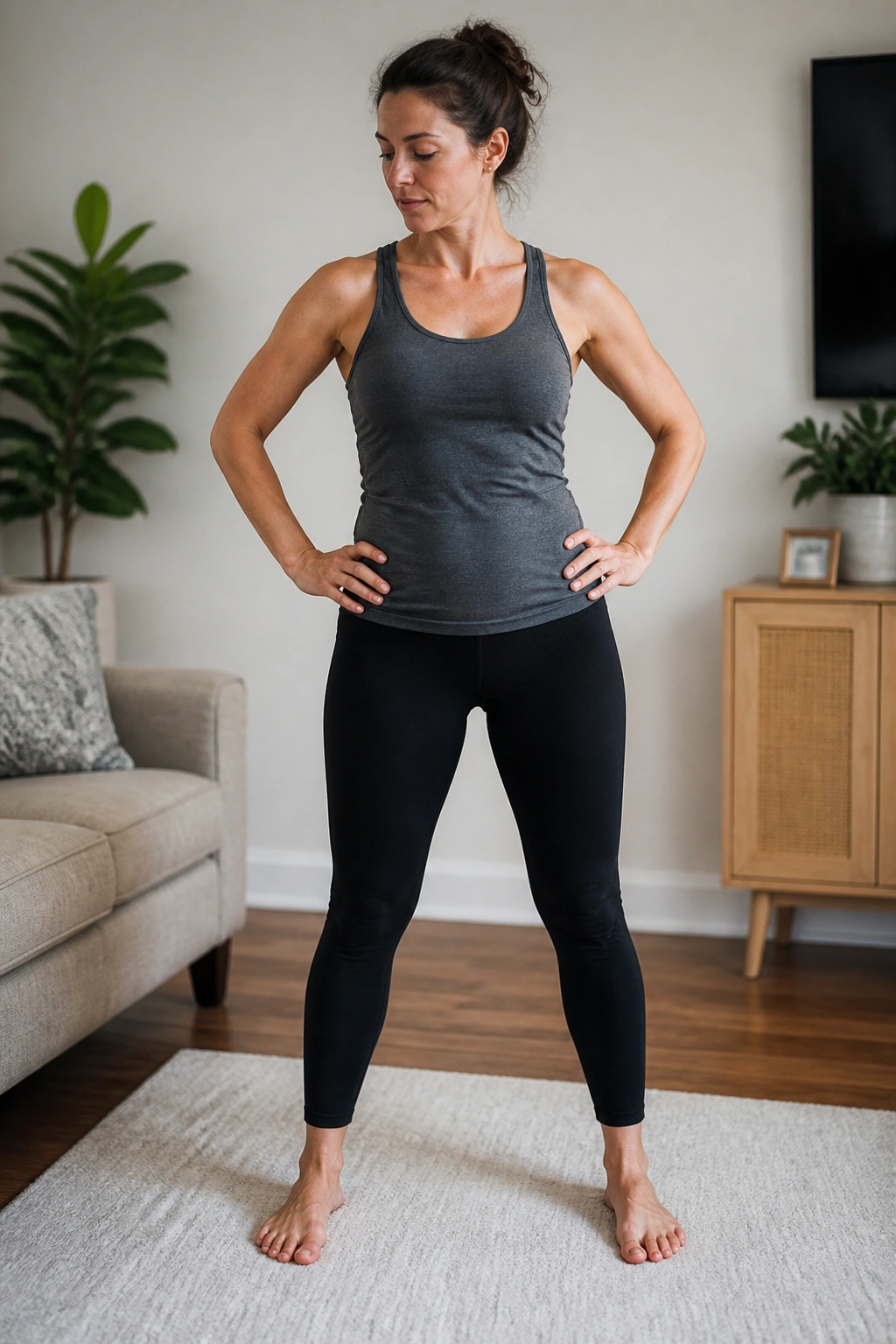 Person standing performing pelvic circles in living room