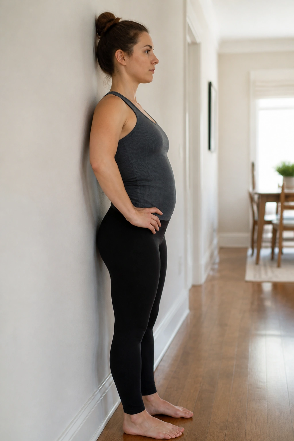 Medium shot of a person performing standing pelvic tilts by a wall