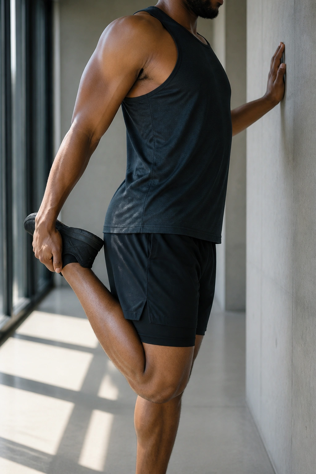 Close-up of person performing standing quad stretch with ankle to hip and wall support
