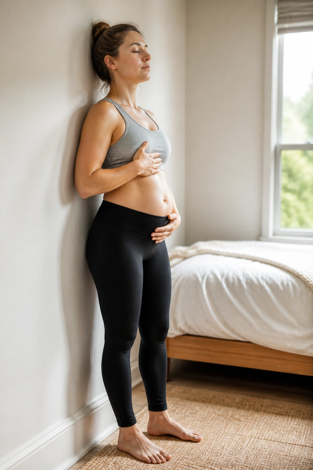 Full-torso standing reset with hands on ribs and lower belly for diastasis recti care
