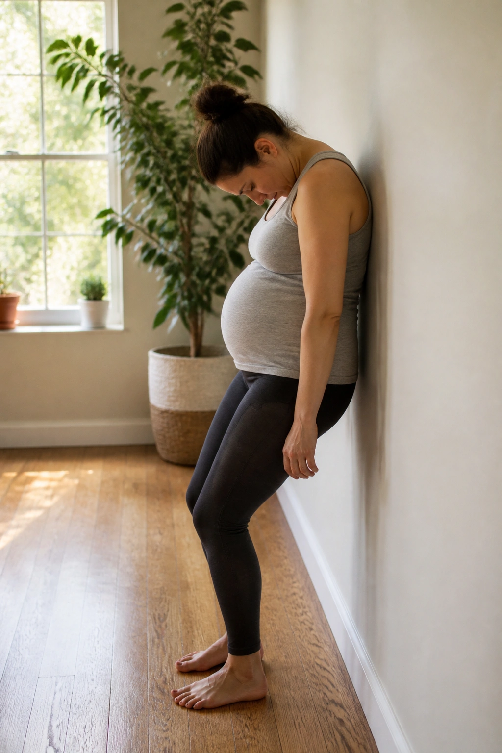 Person standing by a wall performing a standing roll-down with soft knees