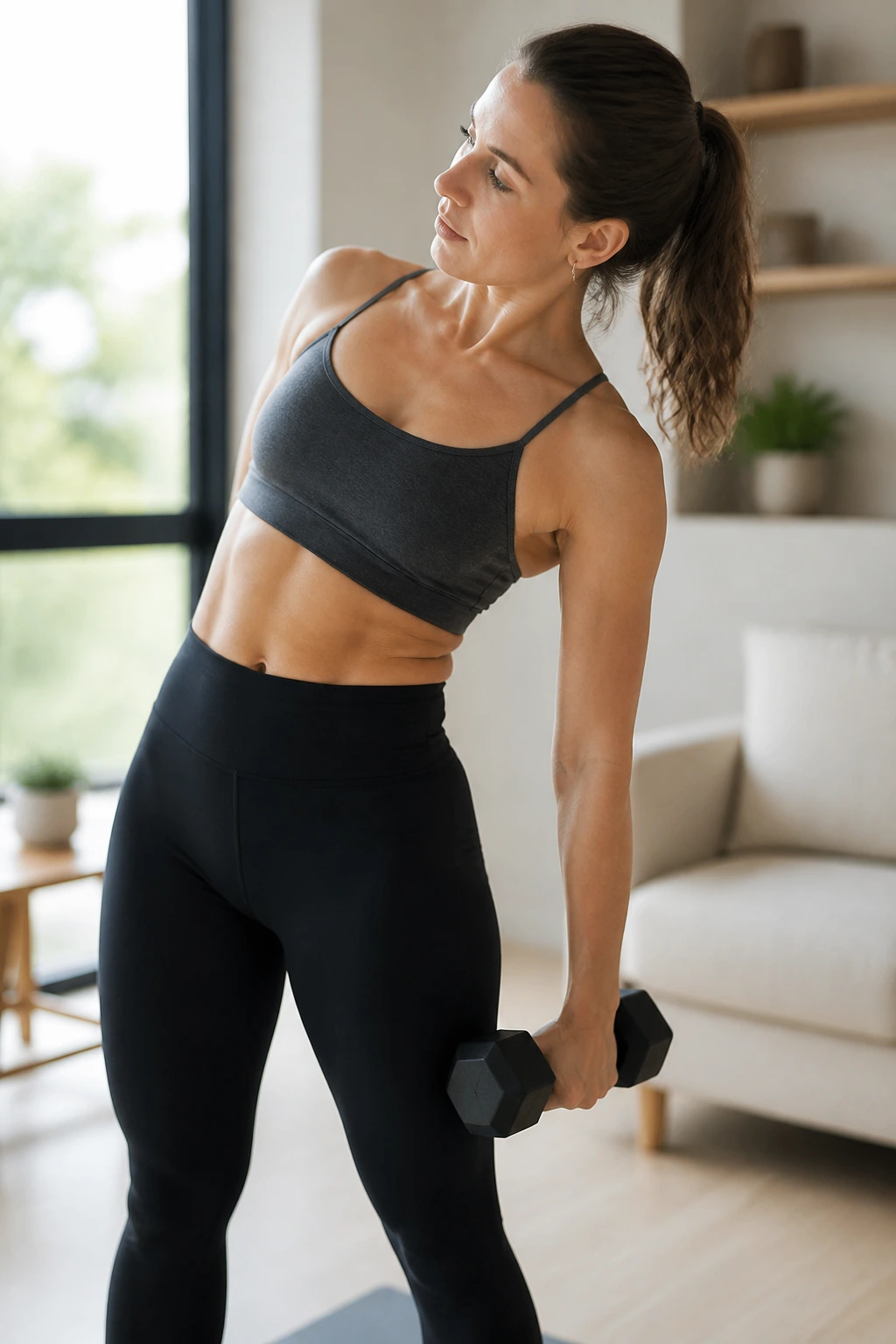 Profile view of a real woman performing standing side bend with dumbbell
