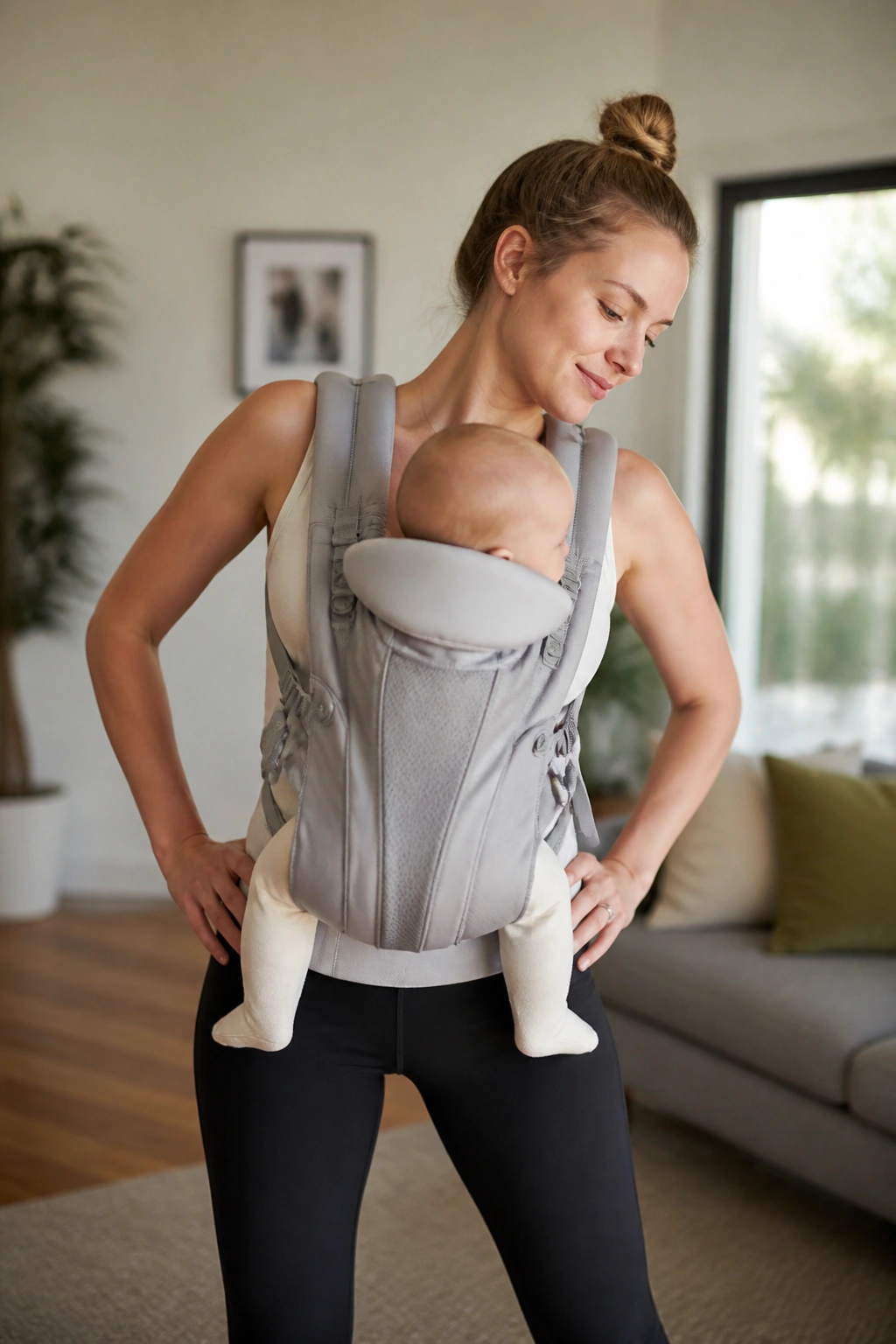 Person performing standing side shifts with baby in carrier