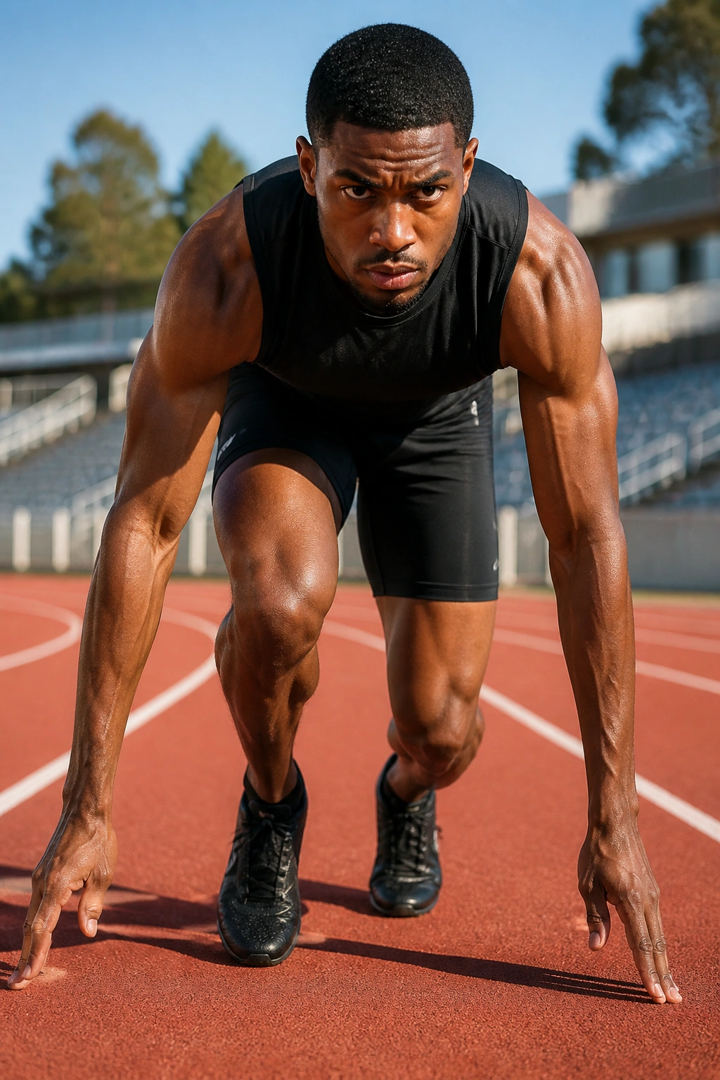 Close-up of a sprinter in standing-start stance on an outdoor track
