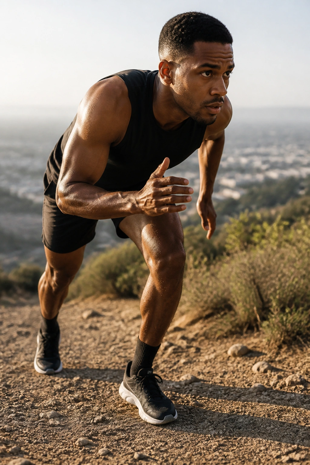 Runner at a standing start on a steep hill about to sprint uphill