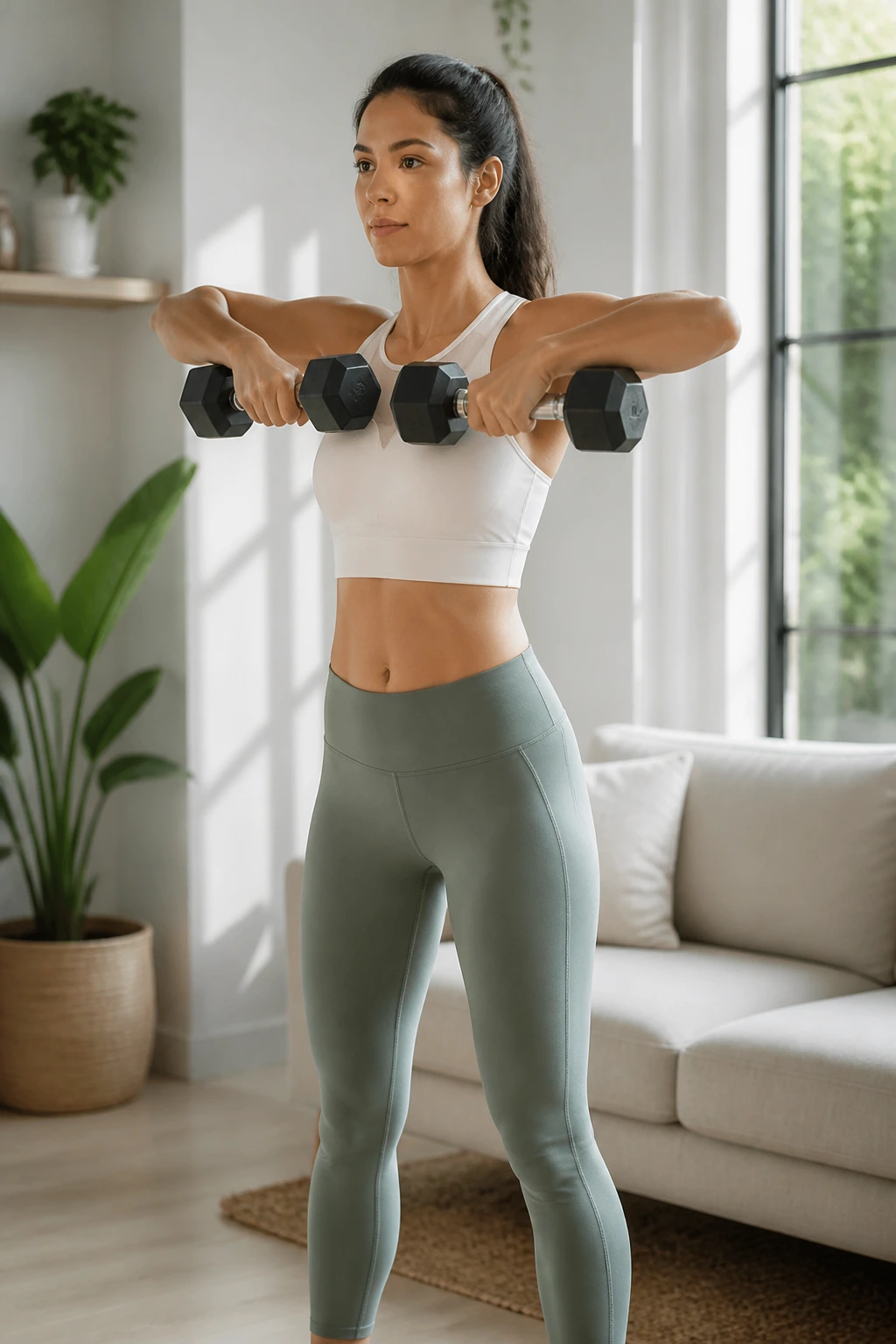 Person performing standing strength exercise in a bright home space
