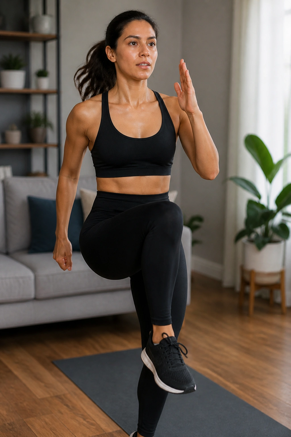 Real woman warming up in living room performing standing march with arms