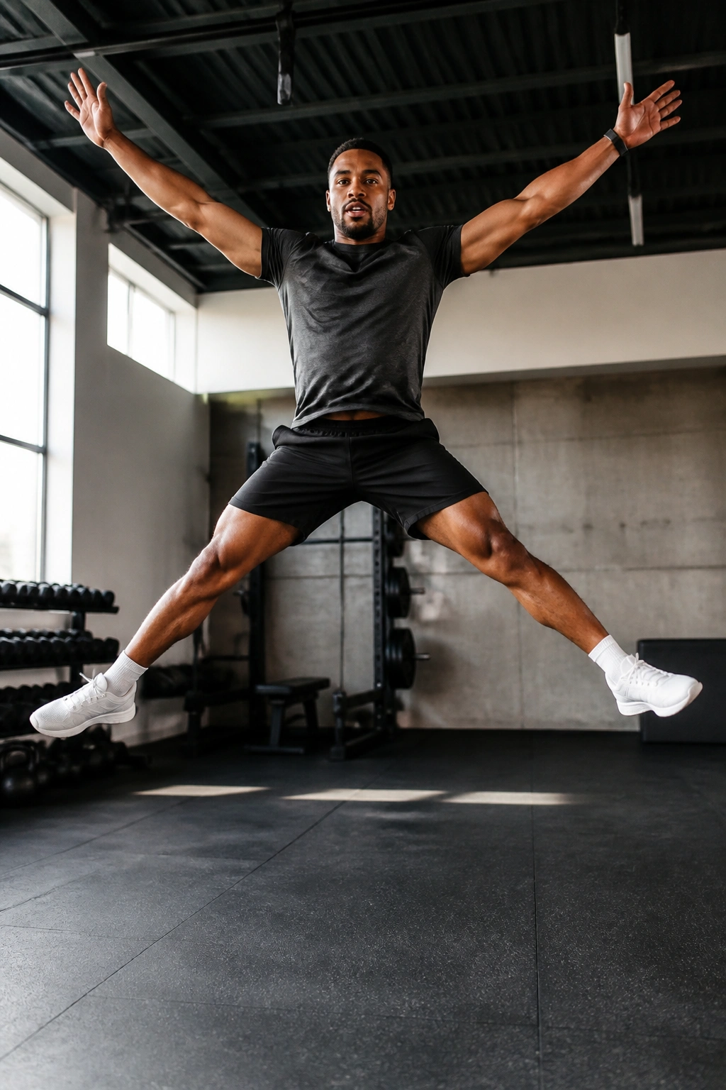 Star jump mid-air with arms and legs extended in a gym