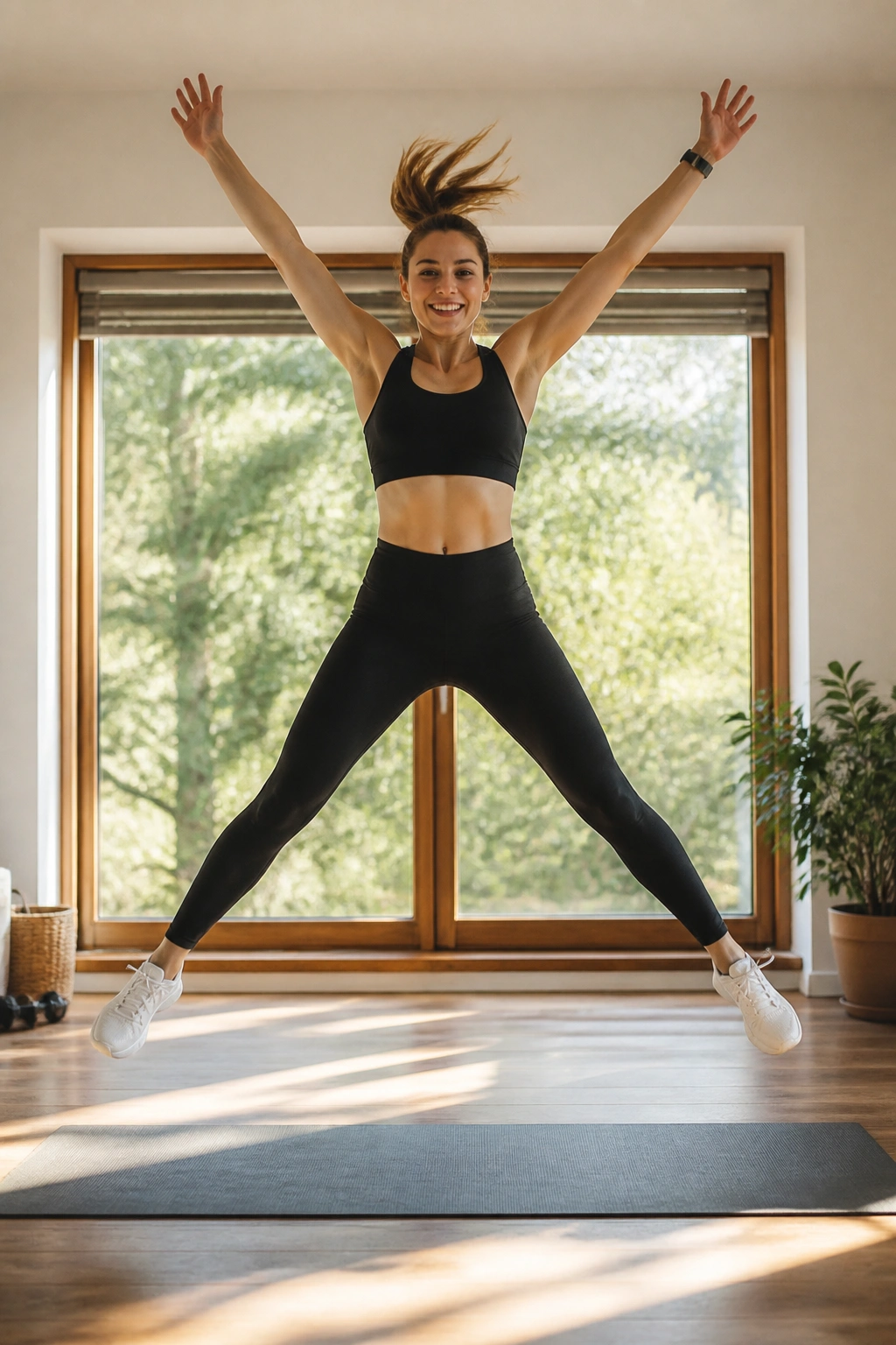 Real person performing a star jump in a home gym, mid-air with arms and legs spread.