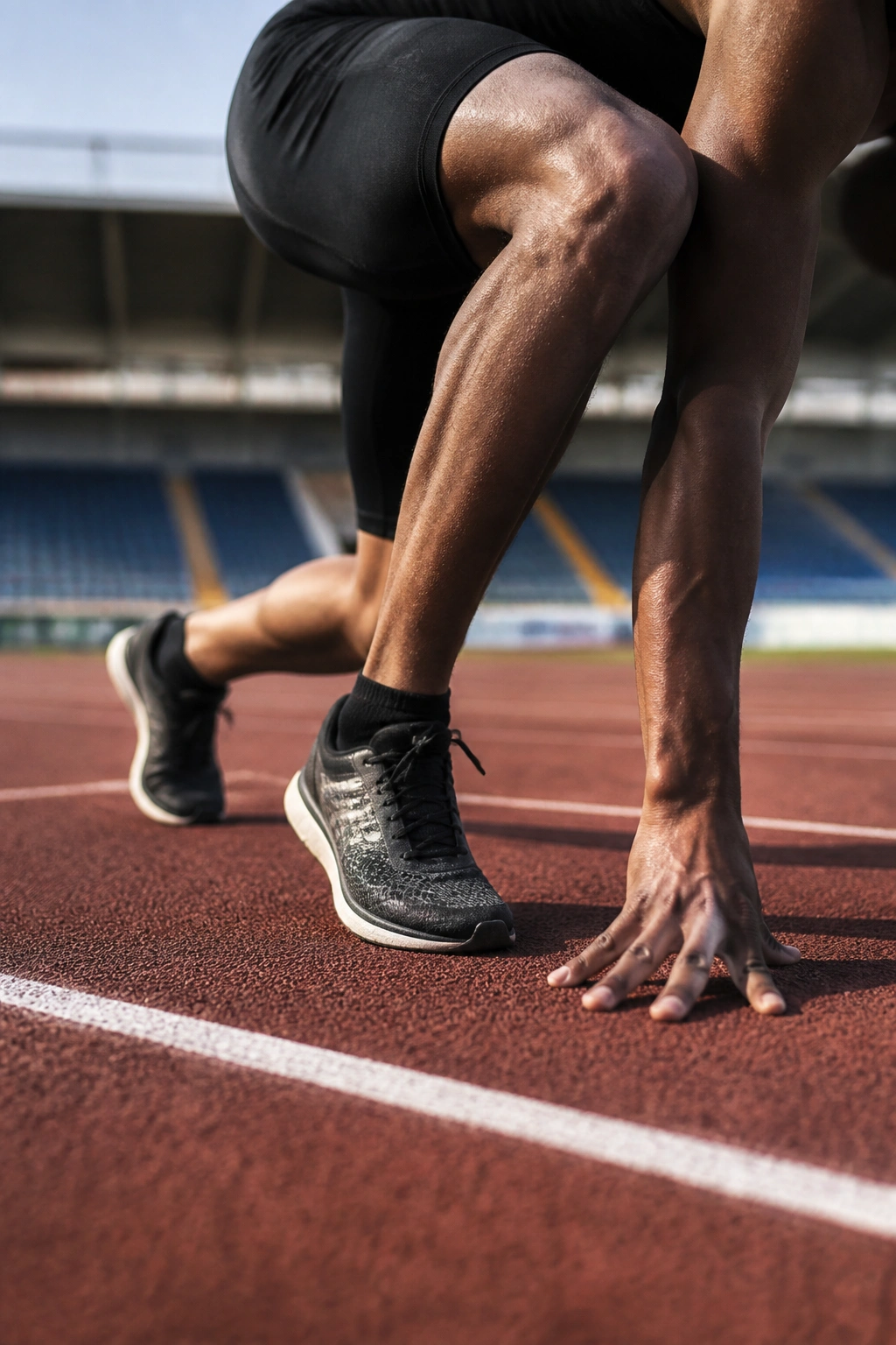 Close-up of sprinter starting in split stance on track