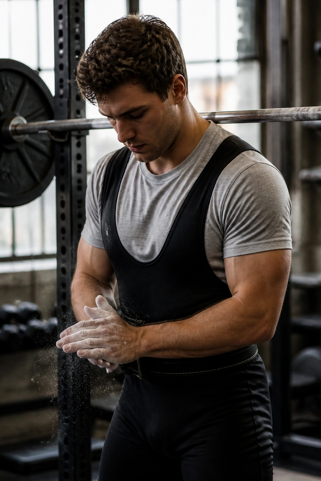 Medium close-up of a lifter bracing before a squat, illustrating Starting Strength.