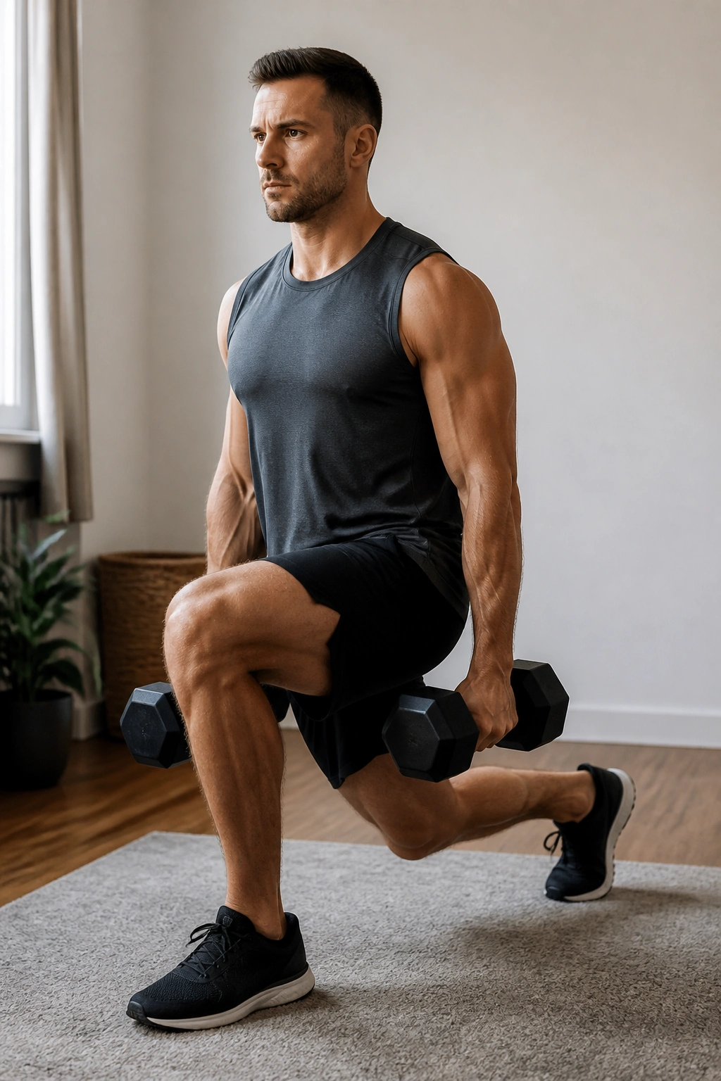 Close-up of static split squat in a small space