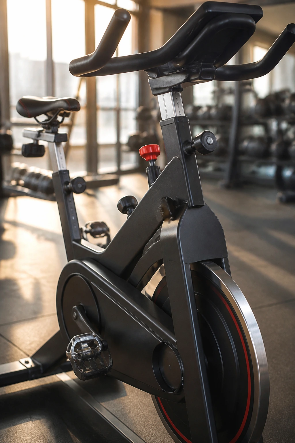 Close-up of a stationary bike dominating the gym frame with handlebars and pedals visible