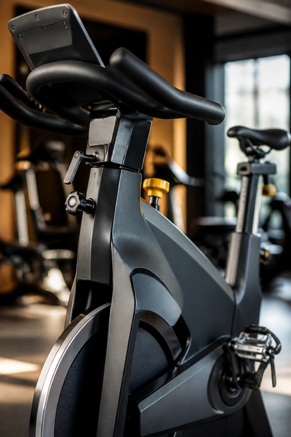 Close-up of a stationary bike dominating the frame in a gym with warm light