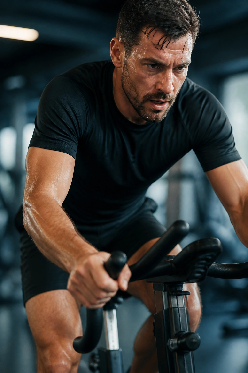 Person pedaling a stationary bike in a gym during a high-intensity interval