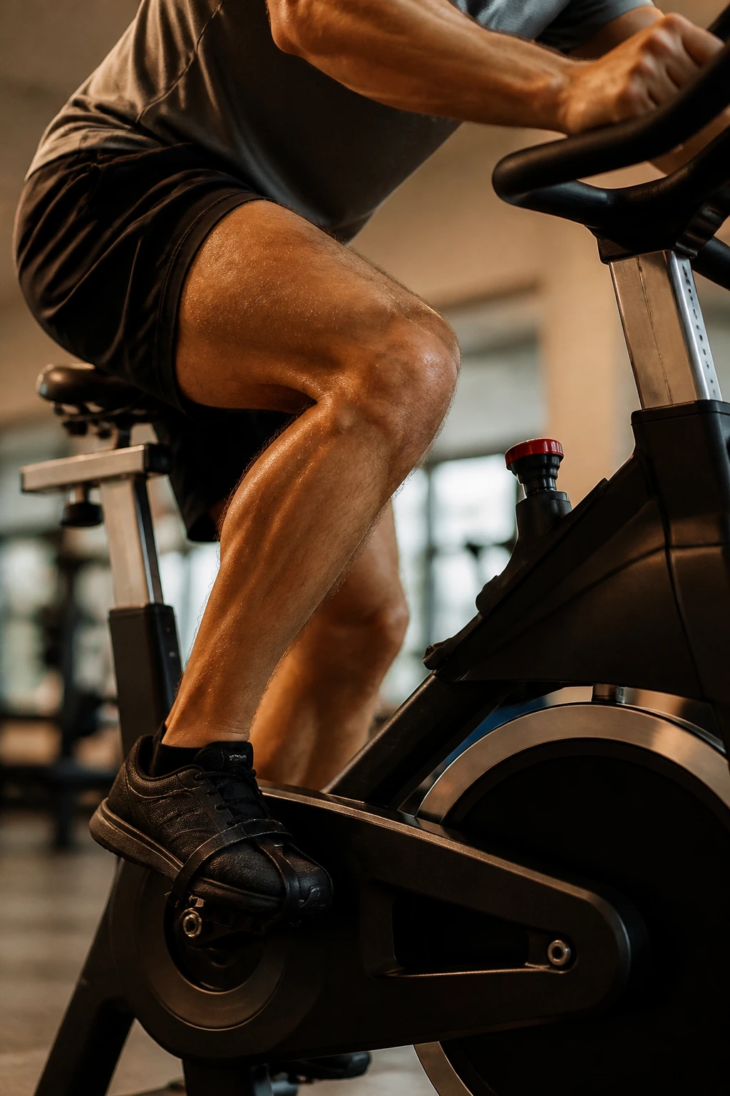 Close-up of a rider pedaling a high-resistance stationary bike indoors