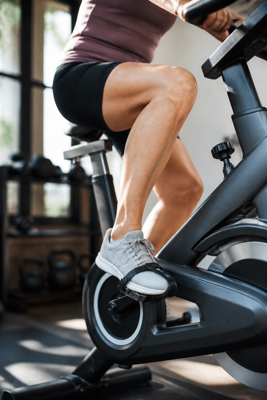 Close-up of a woman's legs pedaling a stationary bike during intervals in a home gym
