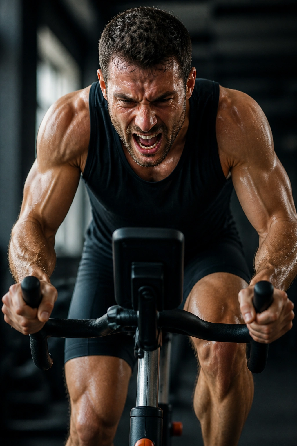 Cyclist on stationary bike performing power intervals