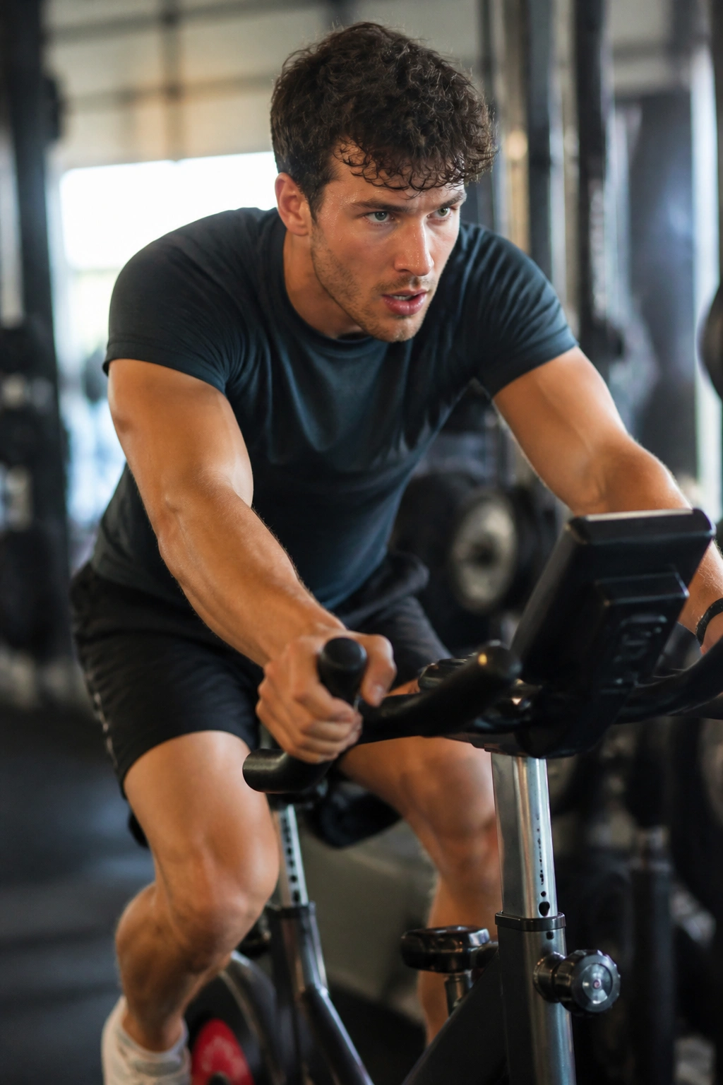 Person cycling on a stationary bike performing intervals in a gym