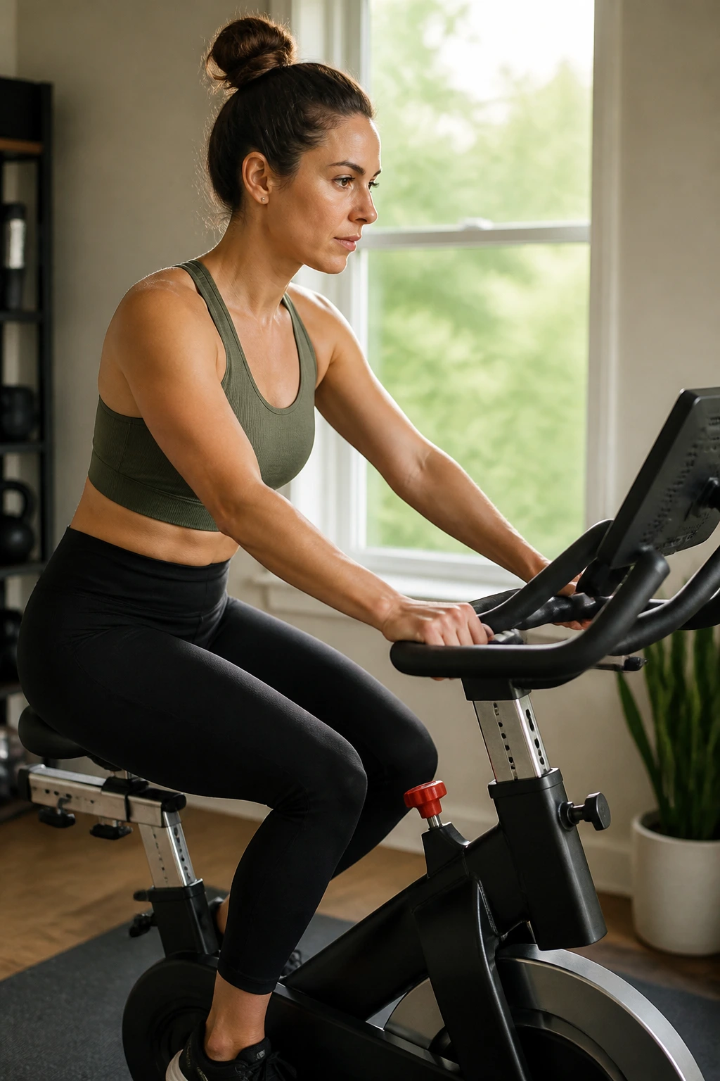Person on stationary bike in home gym performing controlled intervals