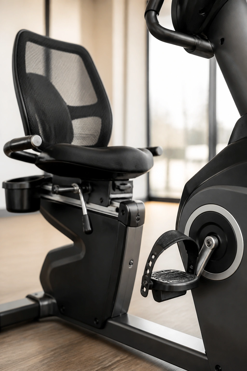 Close-up of stationary bike seat and pedals in a gym