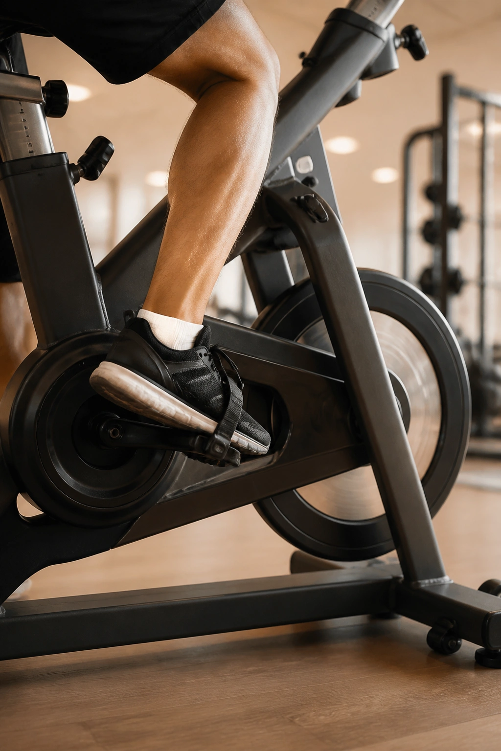 Pedaling motion on a stationary bike in a rehab gym