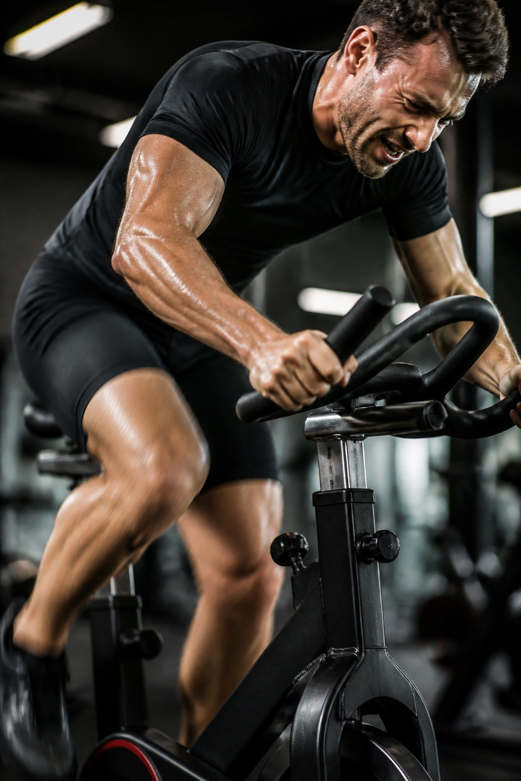 Person sprinting on a stationary bike in gym